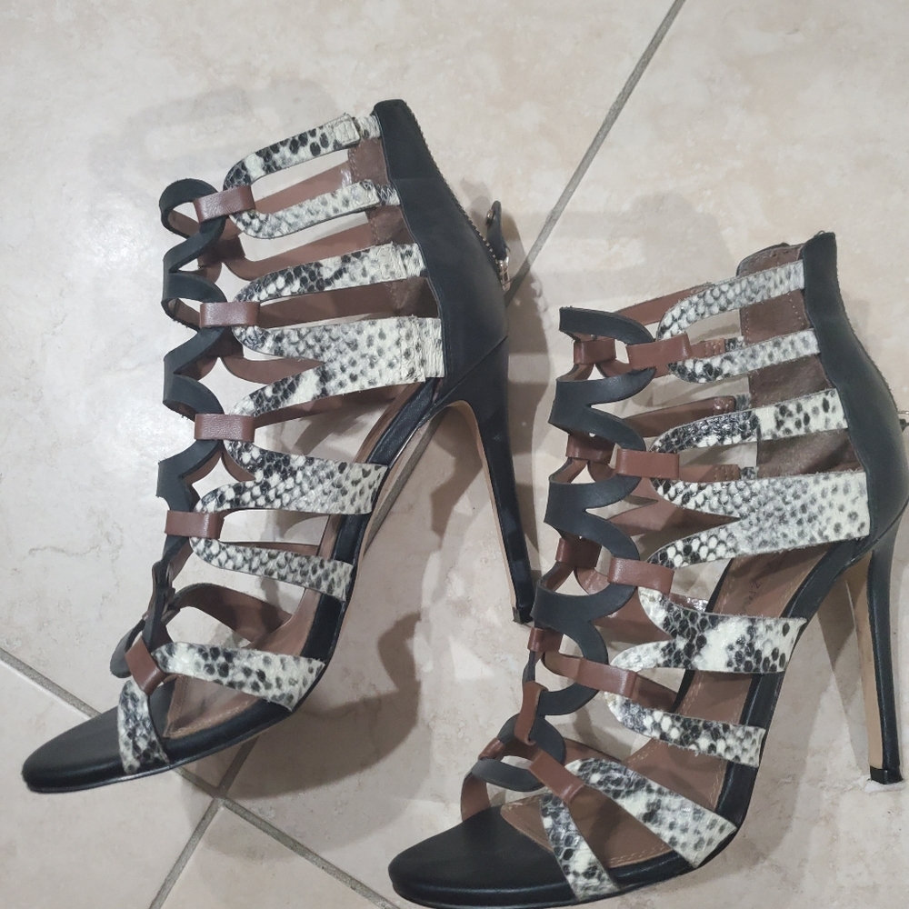 BCBG MaxAzria snake print caged heel sandals